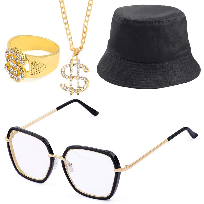 Beelittle 80s/90s Hip Hop Costume Kit Cool Rapper Outfits,Bucket Hat Sunglasses Gold Plated Chain (R) - Image 1